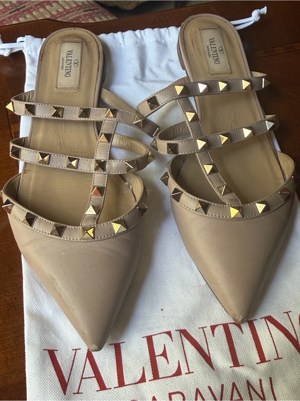 Valentino Beige Leather Pointed-Toe Rockstud Mule Slides with Gold Studs